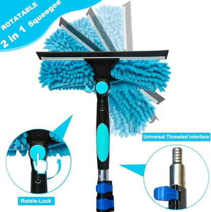 20 Ft+ Reach 2 In 1 Window Squeegee Duster with 5-to-12 Foot Extension Pole, Cleaner Tool with 3-Stage Telescoping Pole, Cleaning Kit with Rotatable Head - Chenille Cloth + Microfibre Cloths Head