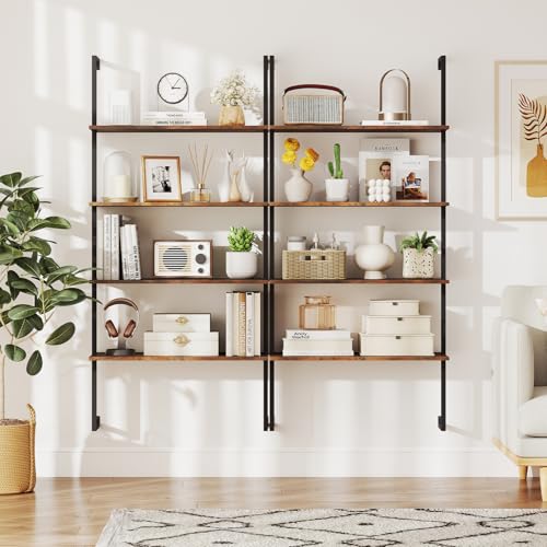 Tangkula 4-Tier Wall Mounted Bookshelf, Wood Ladder Shelf - color: Brown
