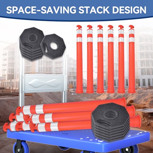 42" Traffic Delineator Posts, Tall Safety Traffic Cones with Reflective Collars and Weighted Base for Construction, Road Work, Parking Lot Control (6 Packs)