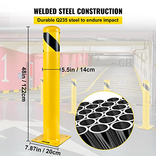 Happybuy Safety Bollard, 48" Steel Bollard Post, 5.5" Diameter, Yellow Powder-Coated Steel, Includes 8 Anchor Bolts, Ideal for Traffic-Sensitive Areas