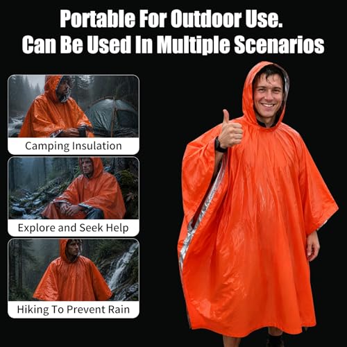 Emergency Mylar Poncho – Survival Rain Poncho with Hood – Lightweight, Compact, Reusable Emergency Blanket Poncho for Hiking, Camping, Thermal Gear, Car Kit, Outdoors