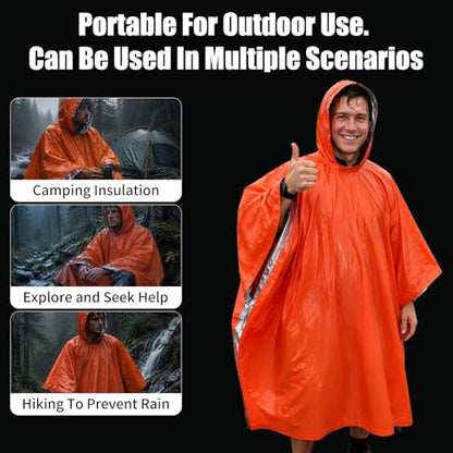 Emergency Mylar Poncho – Survival Rain Poncho with Hood – Lightweight, Compact, Reusable Emergency Blanket Poncho for Hiking, Camping, Thermal Gear, Car Kit, Outdoors