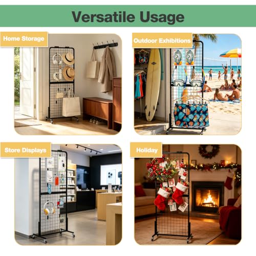 Grid Wall Panels Display Stand - Metal Shelving with 30 Hooks for Vendor Events Art Panels Heavy Duty Floor Standing Movable Detachable Retail Display Stand Wire Grid Tower for Easy Transport(2pcs) - size: 2pcs