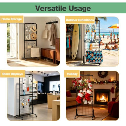 Grid Wall Panels Display Rack with Wheels & 15 Hooks for Retail Craft Show - size: 1pcs