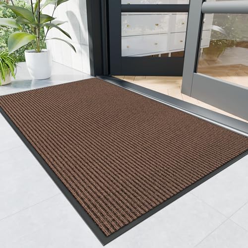 Front Door Mat, 4' x 2' Heavy Duty Indoor Outdoor Door Mat Entrance, Commercial Welcome Mats, Stain and Fade Resistant, Durable Rubber Backing, Low Profile Entry Mat for Patio, Brown Stripe - color: Brown-stripe, size: 2' x 4' (Rectangular)