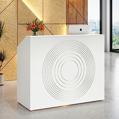 Tribesigns Reception Desk with Counter, Modern Front Desk Reception Room Table with Cable Grommet, 47 inch Retail Counter for Checkout, Lobby, Beauty Salon, Home Office Desk, White - color: White