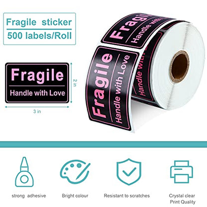 Outus 500 Pcs 2x3 Pink Fragile Sticker for Shipping Handle with Love Label - size: 2 x 3 inch