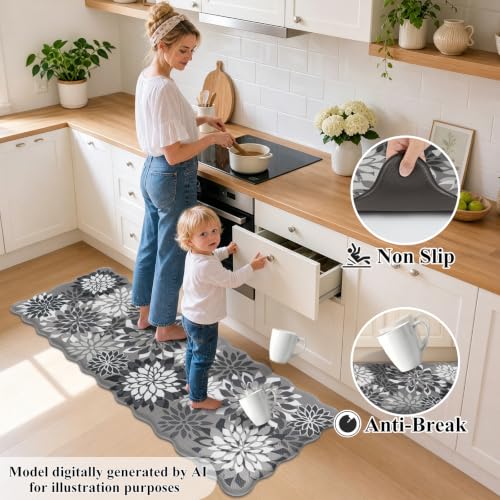 HEBE Anti Fatigue Kitchen Rugs Set of 3, Cushioned Kitchen Mats for Floor - color: Black/Floral