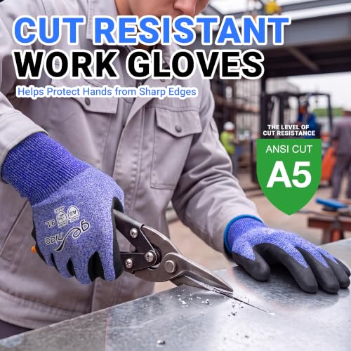 Cut Resistant Work Gloves With Grip for Men and Women ANSI 5 Safety Gloves for Gardening Fishing Cutting Construction - color: Blue, size: Large-X-Large