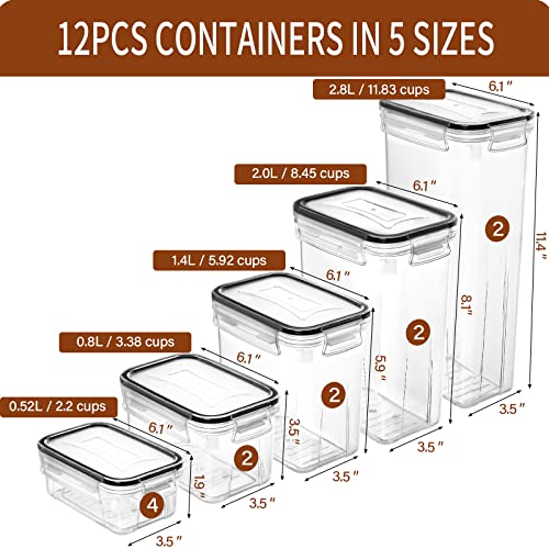 PRAKI Airtight Food Storage Containers with Lids, 12PCS Plastic Kitchen Storage Containers for Pantry Organizers and Storage - Cereal, Rice, Flour and Sugar Containers with Labels & Marker - color: Black-12 Piece