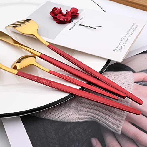 Mirror Cutlery Serving Set, 24-piece 18/0 Stainless Steel Silverware With Red Handle Simple & Modern Tableware For Home Party Restaurant Christmas Dinner, Service For 6 (Red Gold) - color: Red gold