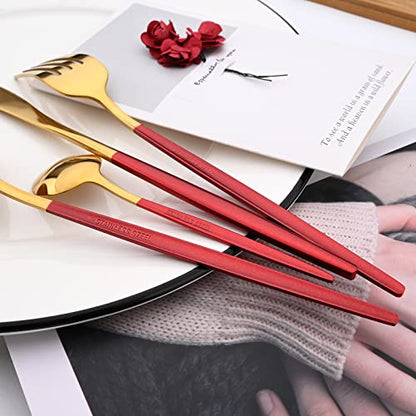 Mirror Cutlery Serving Set, 24-piece 18/0 Stainless Steel Silverware With Red Handle Simple & Modern Tableware For Home Party Restaurant Christmas Dinner, Service For 6 (Red Gold) - color: Red gold