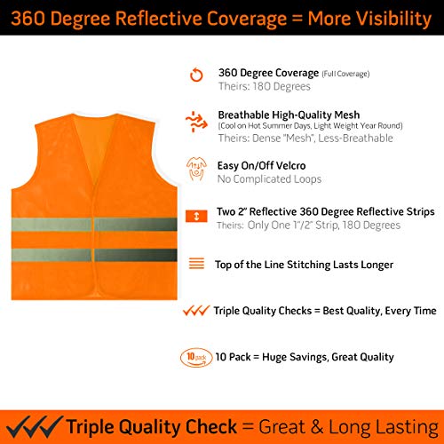 PeerBasics Safety Vests Bulk Pack - Reflective High Visibility, Men Women, Mesh (as1, numeric, numeric_10, regular, regular, Orange) - color: Orange, size: 10