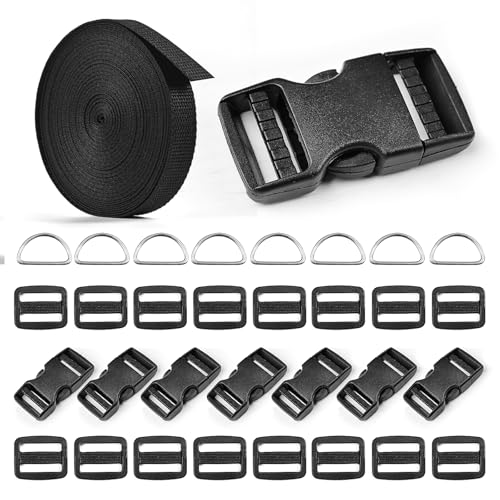 5/8" Buckles and Straps Set: 10 Yards of Thick Nylon Webbing, 10-Pack Quick Side Release Adjustable Plastic Buckles, 20 Tri-Glide Slide Clips 10 Metal D Rings (5/8 Inch Combo Set) - size: 5/8" 10 Pcs Buckle Set