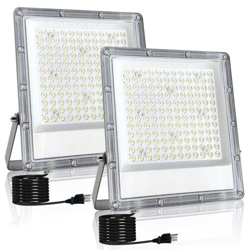 2 Pack 150W LED Flood Light Outdoor, Exterior Flood Lights, Outdoor Flood Lights, Plug in Flood Light, for Yard, Garden, Playground, Lawn, Garages,Basketball Court, Stadium - size: 150W*2
