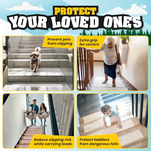 16 Pack Extra Wide Stair Treads Non Slip - 30"x6" Wide Clear Non Slip Stair Treads for Wood Steps | Self-Adhesive Anti Slip Strips for Kids, Seniors & Large Dogs | Includes Rubber Roller - size: 30" x 6"