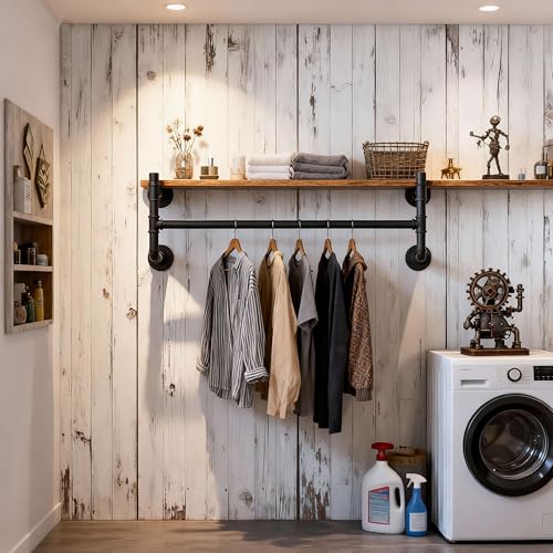 WEBI Wall Mounted Clothes Rack with Shelf,36" Industrial Pipe Clothing Rack with Shelf with Hanging Rod,Heavy Duty Iron Garment Rack Bar,Retail Display Clothes Rod for Laundry Room,Closet,Black - color: Black, size: 36 Inch