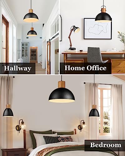 ELYONA 2 Pack Hammered Pendant Lights, 12" Industrial Metal Dome Hanging Lamp, Solid Wood Pendant Light Fixtures for Kitchen Island, Bar, Farmhouse, Dining Room, Bedroom, Hallway, Black - color: Black - 2 Pack