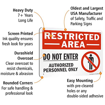 SmartSign 7 x 10 inch “Restricted Area - Do Not Enter, Authorized Personnel Only” Metal Sign with Symbol, 40 mil Laminated Rustproof Aluminum, Red, White and Black, Made in USA - style: 7" x 10" - Aluminum