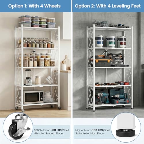 ALANNG 70.7" H Metal Storage Shelves, 5 Tier Folding Shelf on Wheels - color: White