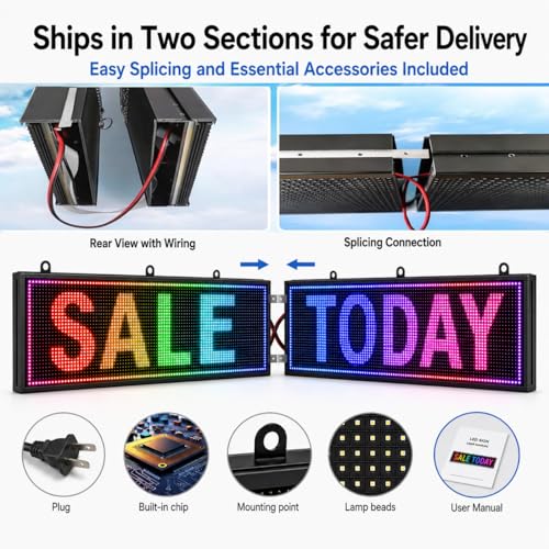 P10 Outdoor LED Message Board 77"x14" - WiFi Programmable Scrolling Text Display, High Brightness Business Sign with SMD Technology for Store Front - size: P10 77"x14"