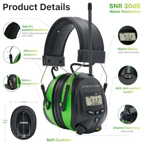 AM/FM Radio Headphones 25dB NRR,Noise Reduction Safety Earmuffs,Digital Display Headset,Powered by AA Battery,Hearing Protection for Walkman Mowing Lawn Work,Green - color: Green