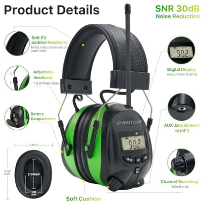 AM/FM Radio Headphones 25dB NRR,Noise Reduction Safety Earmuffs,Digital Display Headset,Powered by AA Battery,Hearing Protection for Walkman Mowing Lawn Work,Green - color: Green