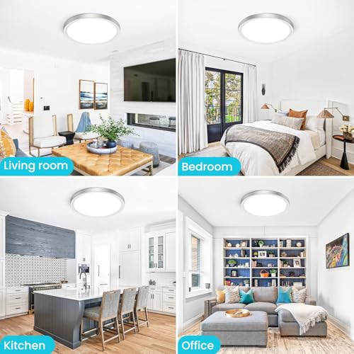 libtit 12 inch Flush Mount LED Ceiling Light Fixture, 3000K 4000K 6500K Adjustable, 28W 3200lm Brushed Nickel Satin Round Ceiling Lamp for Bathroom Hallway Kitchen Bedroom, 2 Pack - color: Brushed Nickel, size: 12in-2Pack