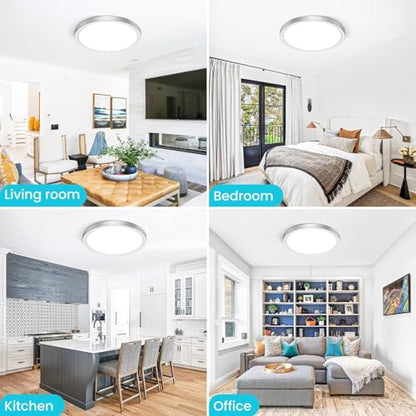 libtit 12 inch Flush Mount LED Ceiling Light Fixture, 3000K 4000K 6500K Adjustable, 28W 3200lm Brushed Nickel Satin Round Ceiling Lamp for Bathroom Hallway Kitchen Bedroom, 2 Pack - color: Brushed Nickel, size: 12in-2Pack