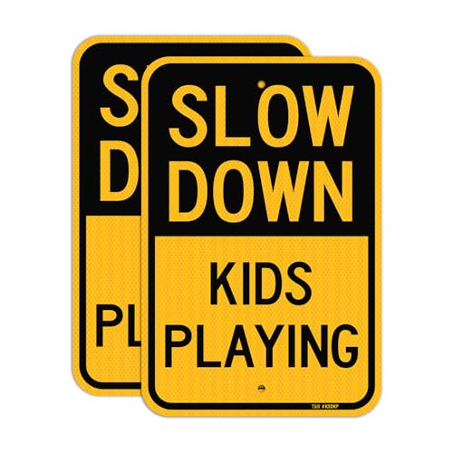T&R (2 Pack) Slow Down Kids Playing Sign, 18" x 12" Engineer Grade Reflective Sheeting, Rust Free Aluminum, Weather Resistant, Waterproof, Fade Resistant, 2 Pre-drilled Holes - color: 18" x 12" - 2 Pack - Slow Down Kids Playing