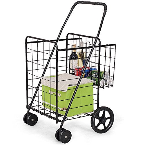 S AFSTAR Folding Shopping Cart, Metal Grocery Cart w/Extra Basket & 360° Swivel Wheels & Non-Slip Handle, Heavy Duty Utility Cart for Grocery Laundry Book Luggage (Black) - color: Black