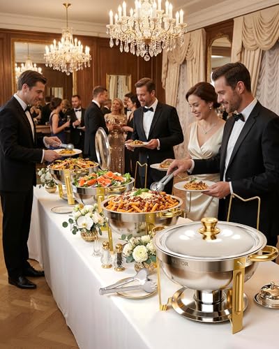 VEVOR Chafing Dish Buffet Set, 5 Qt 4 Pack, Stainless Steel Chafer with 4 Full Size Pans, Round Catering Warmer Server with Lid Water Pan Folding Stand Clip, for Weddings Parties Banquets, Gold - size: 4packs Gold