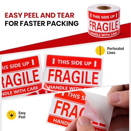 3 × 2 Inch Fragile Stickers Waterproof This Side Up Stickers Strong Adhesive Fragile Labels for Shipping Moving (300 PCS, 1 Roll) - size: 3" × 2", style: 1 Roll-300 PCS This Side Up