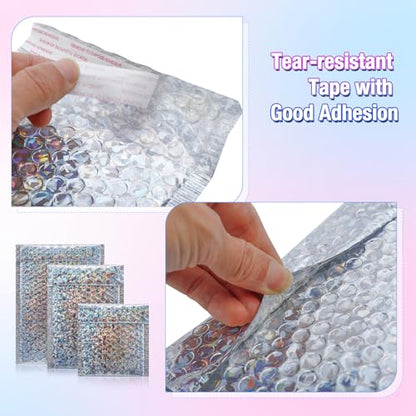 50 Pieces Holographic Bubble Mailers 3 Sizes - color: Glitter Silver