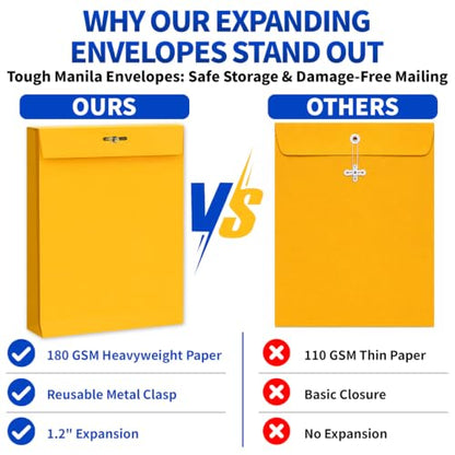 50 Pack 9x12 In Expanding Manila Envelopes with Reusable Clasp and Gummed Seal 180 GSM Heavyweight 1.2'' Expansion Yellow Envelope Folder 8.5 x 11 Letter Size for Home School Office Filing Storage - size: 50pcs-9x12in