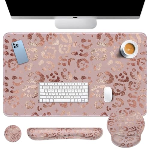 Arttown Keyboard Mouse Pad Set, 4 in 1 Desk Mat Set Leopard Rose - color: Rose Gold Leopard