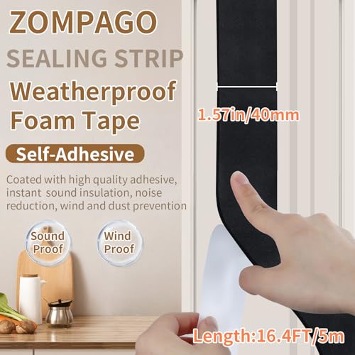 ZOMPAGO Single Sided Foam Weather Stripping Tape Black,1.6in x 16.4FT - color: Black, size: 1.6in x 16.4FT
