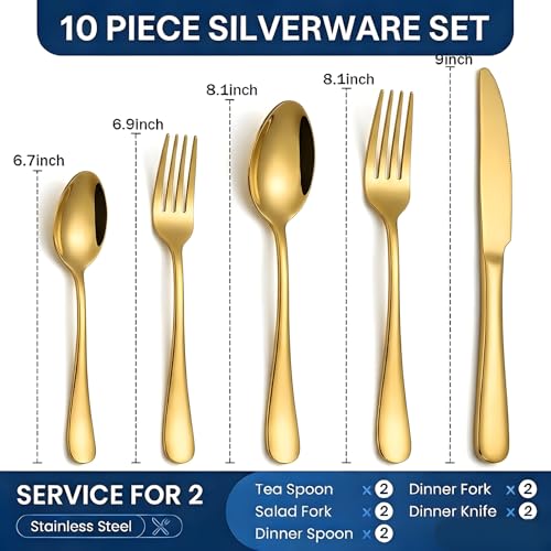 10-Piece Gold Silverware Set, Stainless Steel Flatware Set Service for 2 - color: Gold, size: 10-Piece