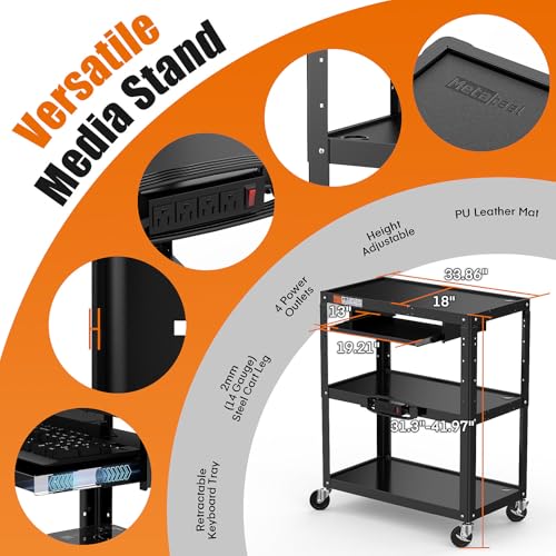 Extra-Large 3-Tier Utility Cart with Built-in Power Strip – Heavy-Duty 14-Gauge Steel Rolling Cart for Office, Workshop, or Classroom – 300 Lb Capacity (34" x 18" x 41.75") - style: Large AV Cart with Keyboard Tray(M-AV-JL)