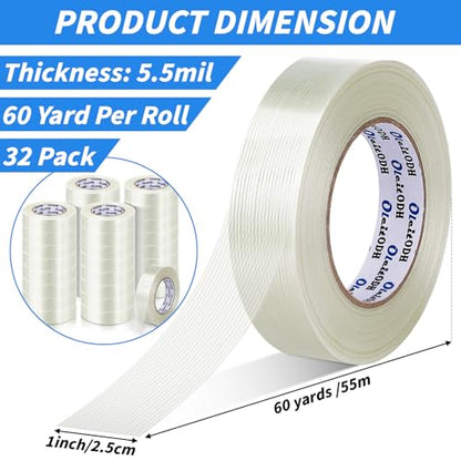 Oleitodh 32 Rolls Strapping Tape 1 Inch x 60 Yards 5.5 Mil Fiberglass Tape - size: 1in x 60Yds