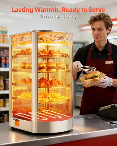 VEVOR 5-Tier Commercial Food Warmer Display, 800W Food Display Warmer with LED Light, Adjustable Shelf and Stainless Steel Frame, 86℉~185℉ Air Heating, 60L for Hamburger, Pizza, Bread, Fried Chicken - size: 5-Tier-63Qt