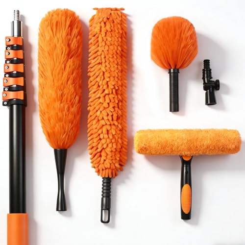26FT High Reach Duster Kit with 5-20FT Flip-Lock & Screw Dual Locking Extension Pole, Cobweb Duster, Washable Ceiling Fan Cleaner & Window Squeegee for Glass & High Roof - size: 5-20FT