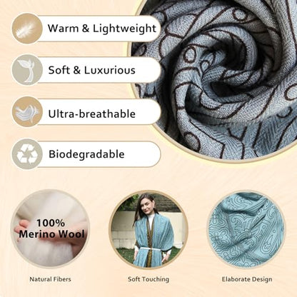DANA XU 100% Merino Wool Extra Large Pashmina Shawl for Women - color: Blue Gold Floral