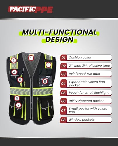 PACIFIC PPE Class 1 Safety Vest, 10 Pockets, 3M Reflective, Black, Large - size: Large