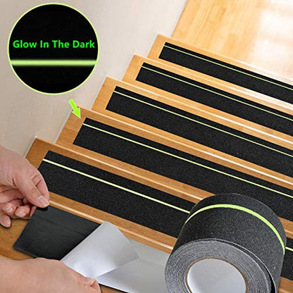 COSIMIXO 4" x 33FT Anti Slip Tape with Glow in The Dark Stripe,Premium Grip Tape Non Slip Stair Treads Tape,Non Skid Tape, High Traction Adhesive for Stairs Step Black/Green - color: Black, size: 4Inch x 33Ft