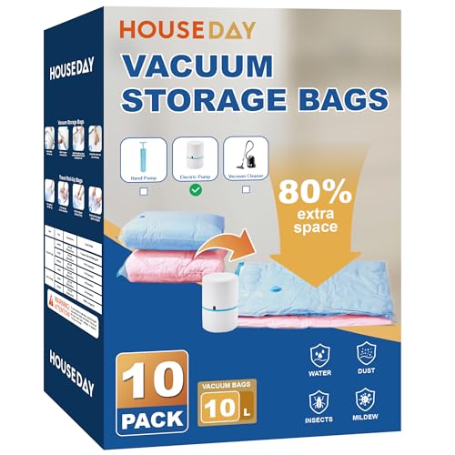 HOUSE DAY 10 Large Vacuum Seal Bags For Clothing Travel, 80% Space Saving Travel Vacuum Bags with Electric Pump, Vacuum Storage Bags For Clothes, Comforters, Bedding, Moving, Storage & Organization - size: 10 Large-E PUMP