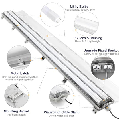 4Ft LED Vapor Tight Light Fixtures, 48W, 4200LM, 6500K Bright White, Clear Cover, IP65 Waterproof Vapor Proof Lights for Car Wash, Garage, Walk in Freezer, Indoor Outdoor Lighting, 8-Pack - size: 4Ft-8-Pack