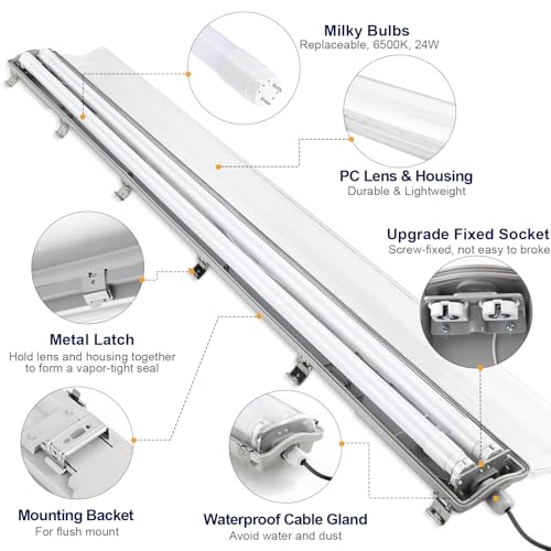4Ft LED Vapor Tight Light Fixtures, 48W, 4200LM, 6500K Bright White, Clear Cover, IP65 Waterproof Vapor Proof Lights for Car Wash, Garage, Walk in Freezer, Indoor Outdoor Lighting, 2-Pack - size: 4Ft-2-Pack
