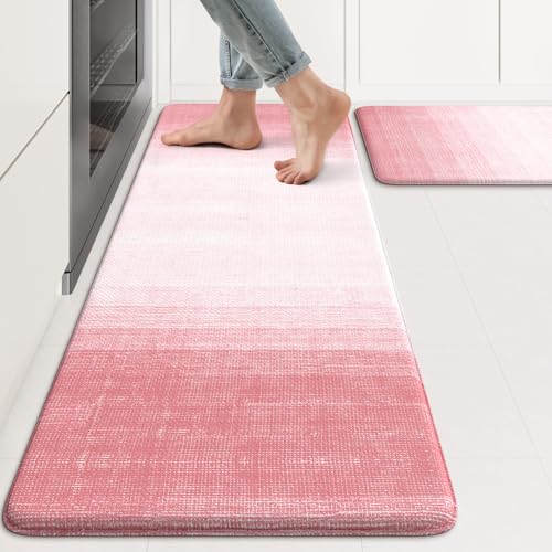 KIMODE Kitchen Anti Fatigue Mats, Boho Farmhouse Kitchen Rugs Sets of 2 - color: Gradient Pink, size: 17.3" x 47"+17.3" x 29"--0.47 inches