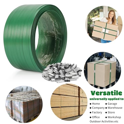 Heavy Duty Packaging Strapping Banding Roll - Green Polyester PET Industrial-Grade, 850' x 5/8" x 0.035" Pallet Strap Coil - 1400 lbs Break Strength Packaging Strapping Banding for Packing - color: Green, size: S, style: Strapping Banding Roll